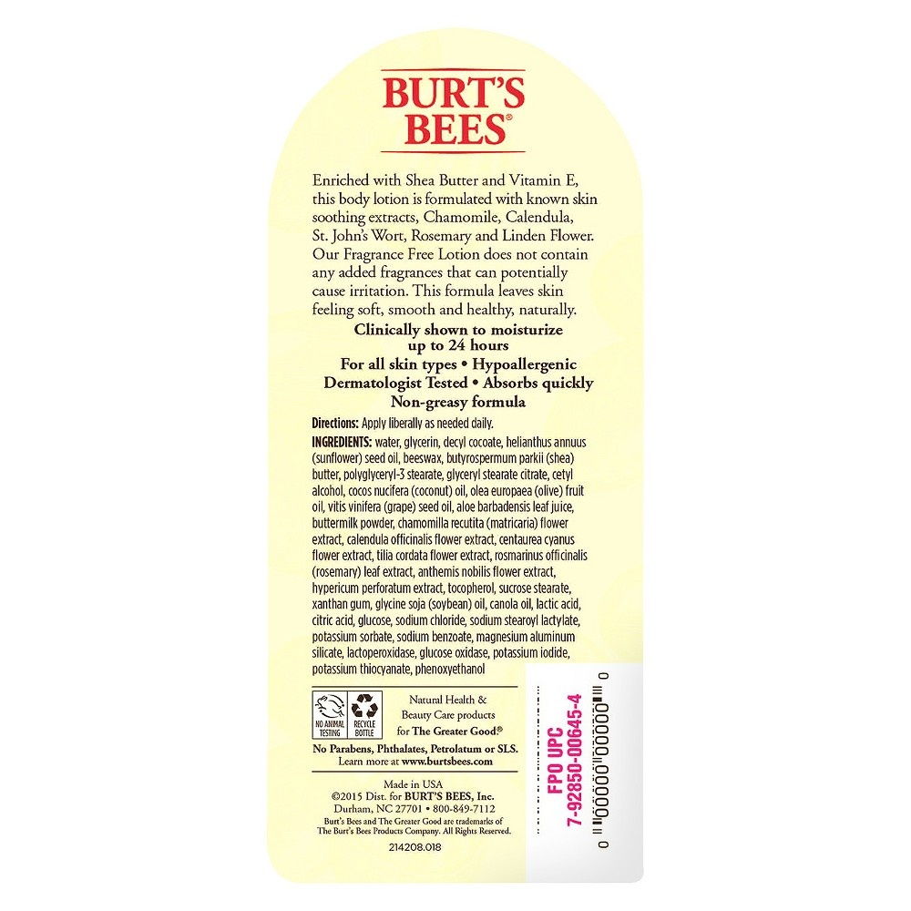 slide 2 of 2, Burt's Bees Fragrance Free Shea Butter And Vitamin E Body Lotion, 12 oz