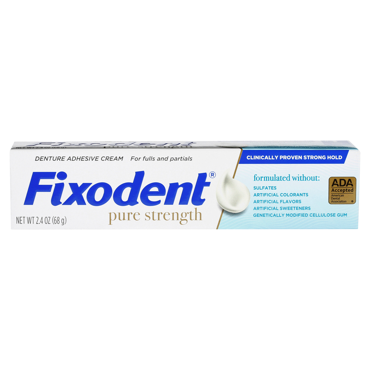 slide 1 of 1, Fixodent Pure Strength Denture Adhesive Cream, 2.4 oz