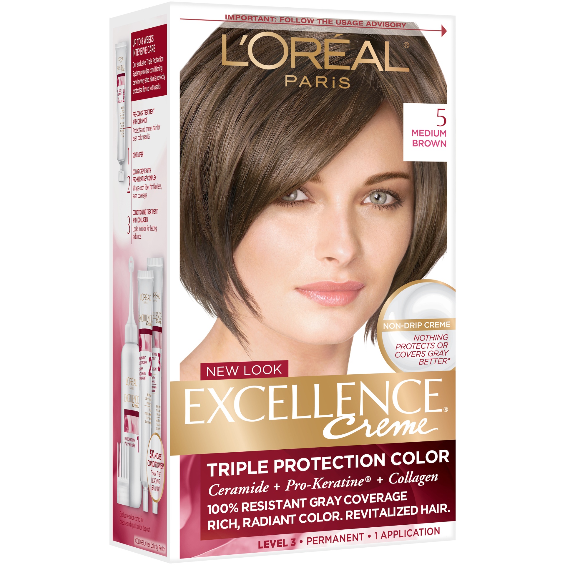 slide 2 of 7, L'Oréal Excellence Triple Protection Permanent Hair Color - 6.3 fl oz - 5 Medium Brown - 1 Kit, 1 ct