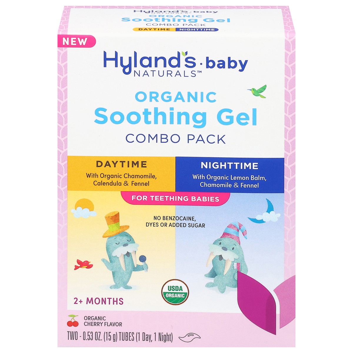 slide 1 of 12, Hyland's Naturals Baby Organic 2+ Months Daytime/Nighttime Cherry Flavor Soothing Gel Combo Pack 2 - 0.53 oz Tubes, 2 ct