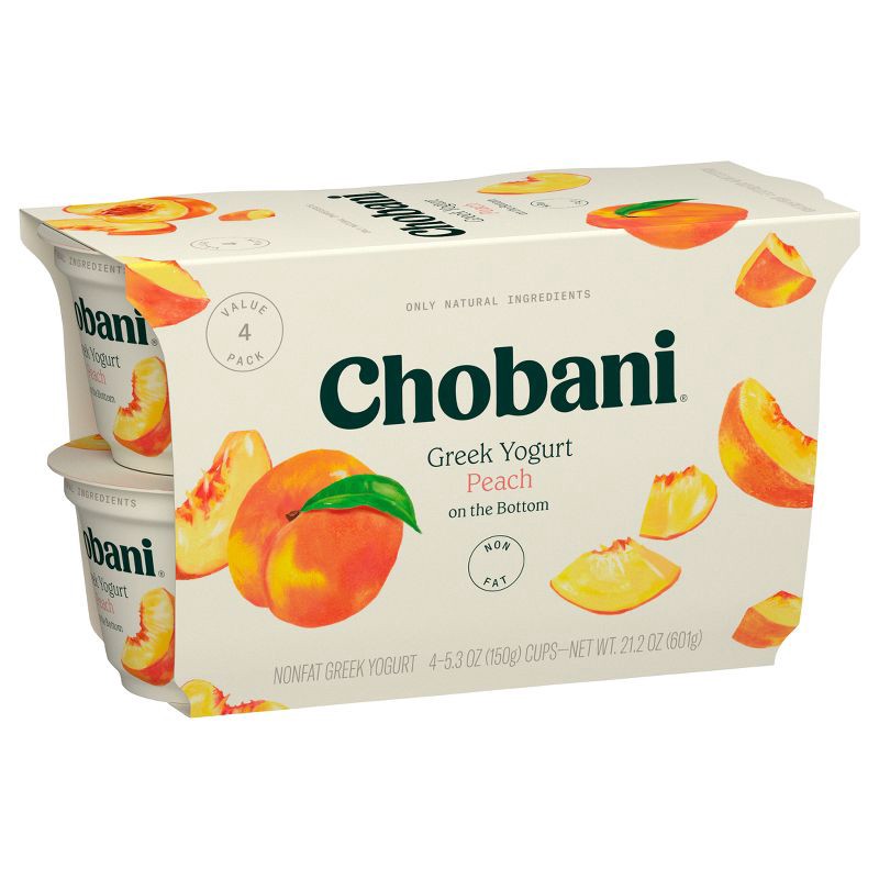 slide 2 of 8, Chobani Peach on the Bottom Nonfat Greek Yogurt - 11g Protein 4ct/5.3oz Cups, 11 gram, 4 ct, 5.3 oz