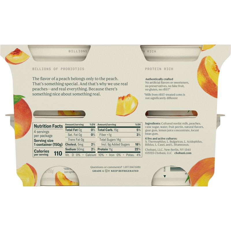 slide 4 of 8, Chobani Peach on the Bottom Nonfat Greek Yogurt - 11g Protein 4ct/5.3oz Cups, 11 gram, 4 ct, 5.3 oz