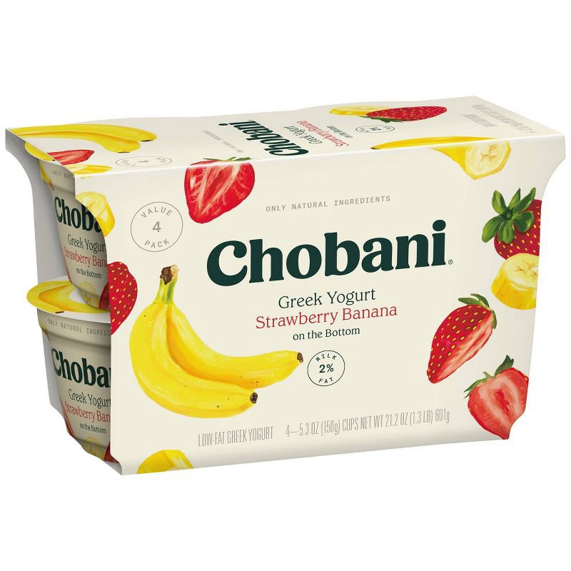 slide 2 of 4, Chobani Strawberry Banana on the Bottom Low-Fat Greek Yogurt - 11g Protein 4ct/5.3oz Cups, 11 gram, 4 ct, 5.3 oz