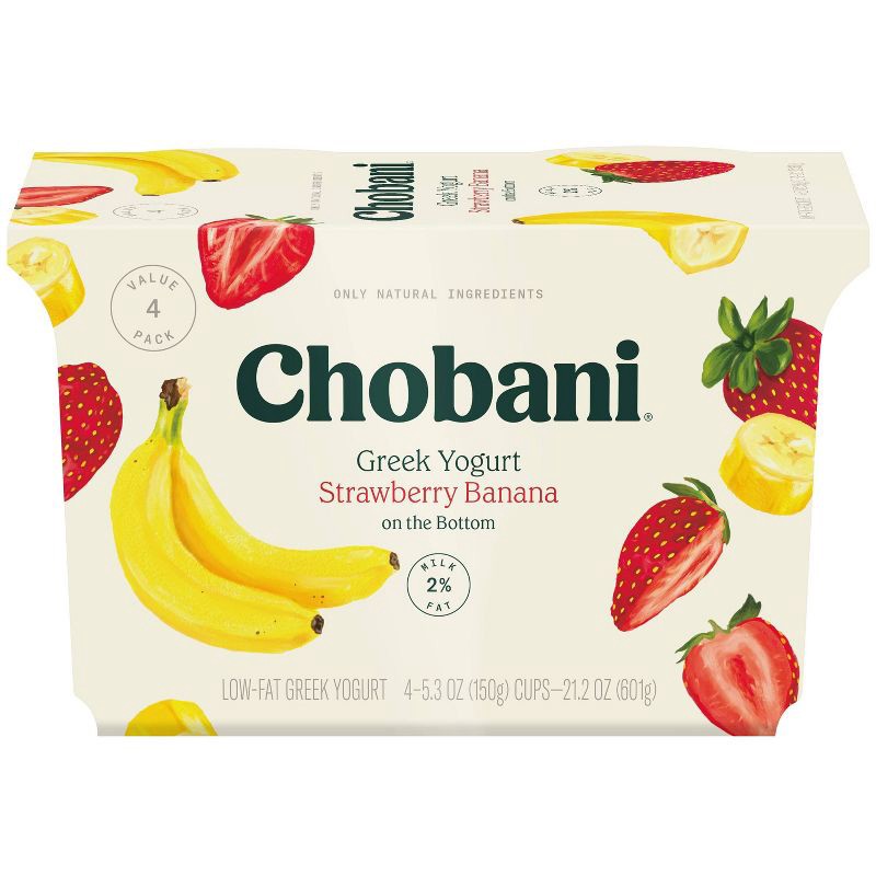 slide 1 of 4, Chobani Strawberry Banana on the Bottom Low-Fat Greek Yogurt - 11g Protein 4ct/5.3oz Cups, 11 gram, 4 ct, 5.3 oz