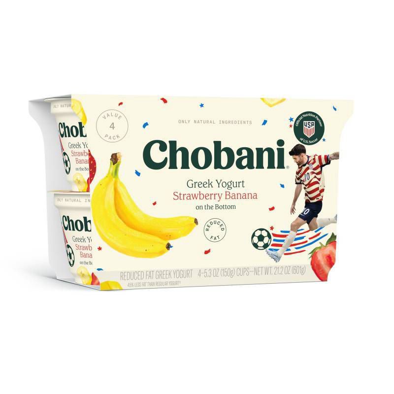 slide 1 of 4, Chobani Strawberry Banana on the Bottom Low-Fat Greek Yogurt - 11g Protein 4ct/5.3oz Cups, 11 gram, 4 ct, 5.3 oz