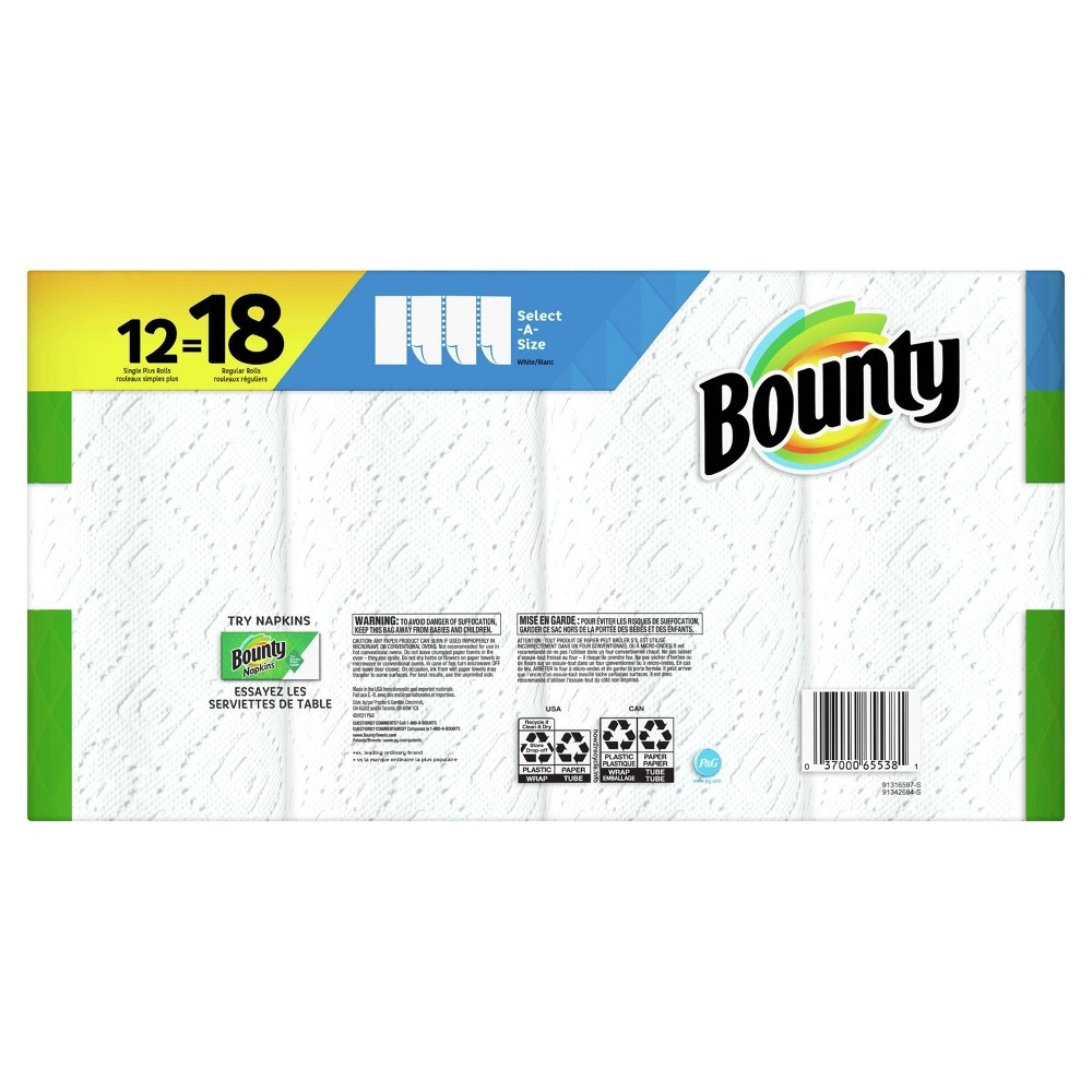 slide 5 of 6, Bounty Select-A-Size Paper Towels White - 12 Singles Plus Rolls = 18 Regular Rolls, 1 ct