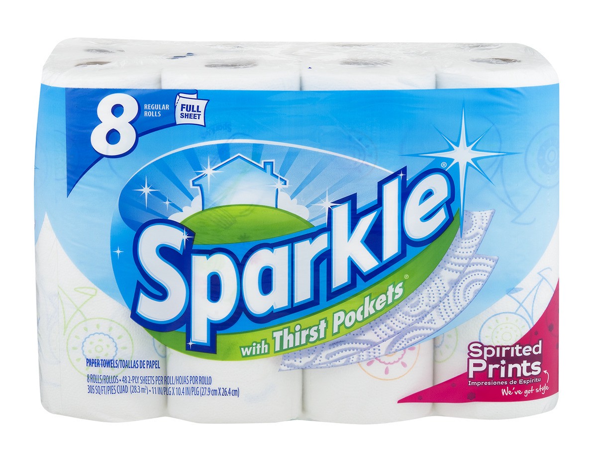 slide 1 of 9, Sparkle Printed Regular Rolls Paper Towels with Thirst Pockets, 8 ct