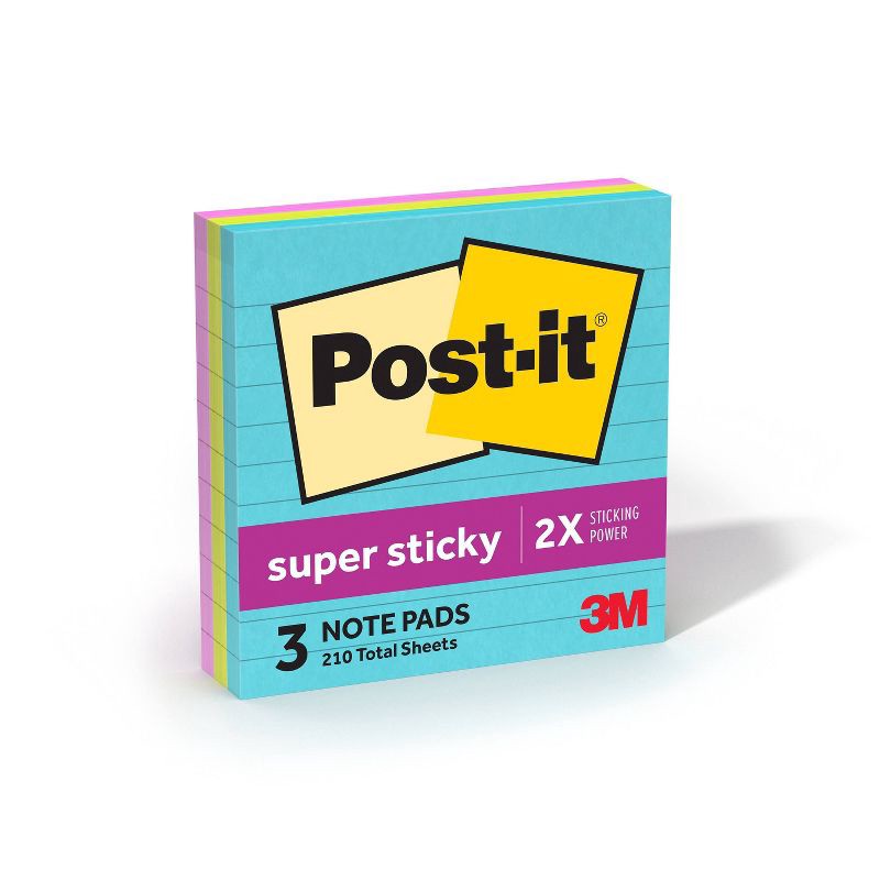 slide 2 of 20, Post-it 3pk 4" x 4" Lined Super Sticky Notes 70 Sheets/Pad - Miami Collection: Multicolor Paper Basics, College Rule, 3 ct, 70 sheets