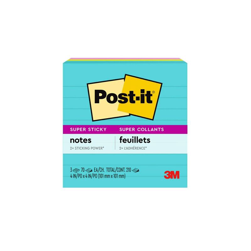 slide 9 of 20, Post-it 3pk 4" x 4" Lined Super Sticky Notes 70 Sheets/Pad - Miami Collection: Multicolor Paper Basics, College Rule, 3 ct, 70 sheets
