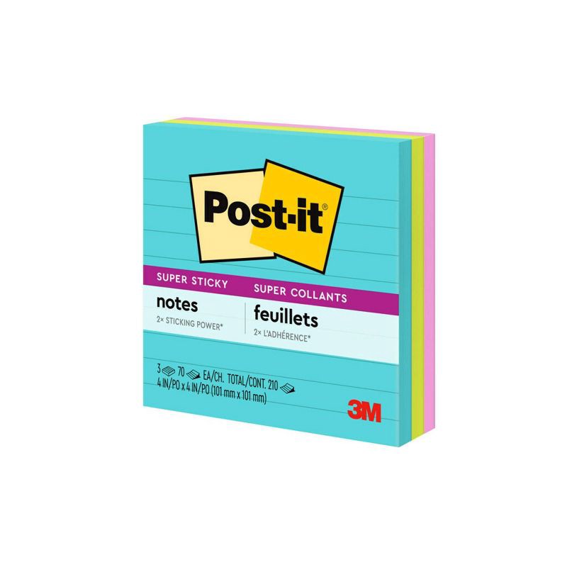slide 10 of 20, Post-it 3pk 4" x 4" Lined Super Sticky Notes 70 Sheets/Pad - Miami Collection: Multicolor Paper Basics, College Rule, 3 ct, 70 sheets