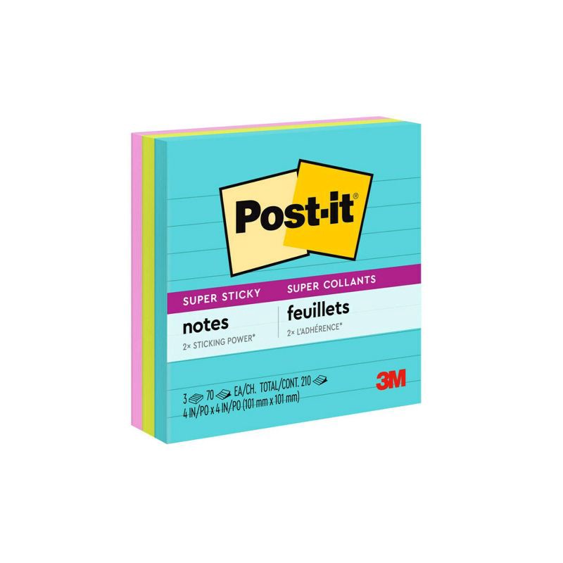 slide 1 of 19, Post-it 3pk 4" x 4" Lined Super Sticky Notes 70 Sheets/Pad - Miami Collection, 3 ct, 70 sheets