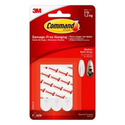 Command 9 Strips Medium Sized Refill Strips Tape White: 3M Adhesive Hooks, Plastic, 3 lb Capacity, 9 Pack