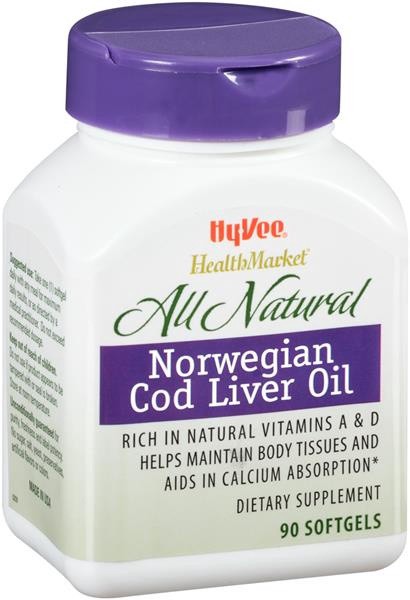 slide 1 of 1, Hy-Vee HealthMarket Norwegian Cod Liver Oil Softgels, 90 ct