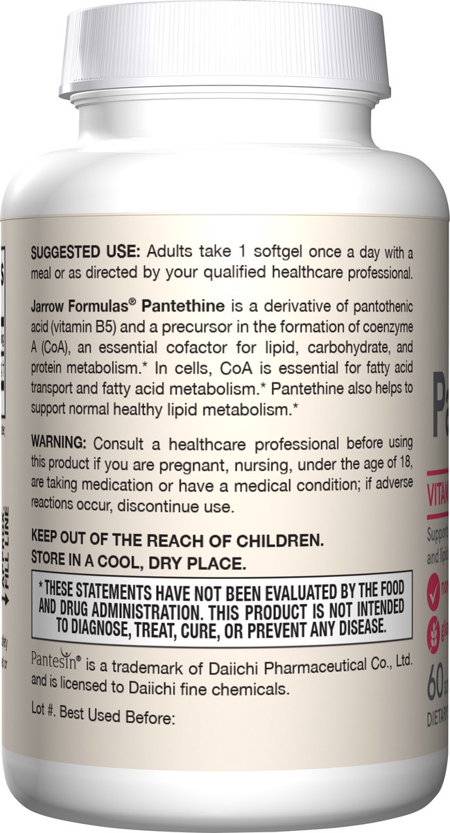 slide 4 of 4, Jarrow Formulas Pantethine 450 mg - Supports Heart & Cardiovascular Health, Carbohydrate & Lipid Metabolism - Dietary Supplement - Coenzyme A (CoA) Precursor - Derivative of Vitamin B5 - 60 Servings (Softgels), 60 ct