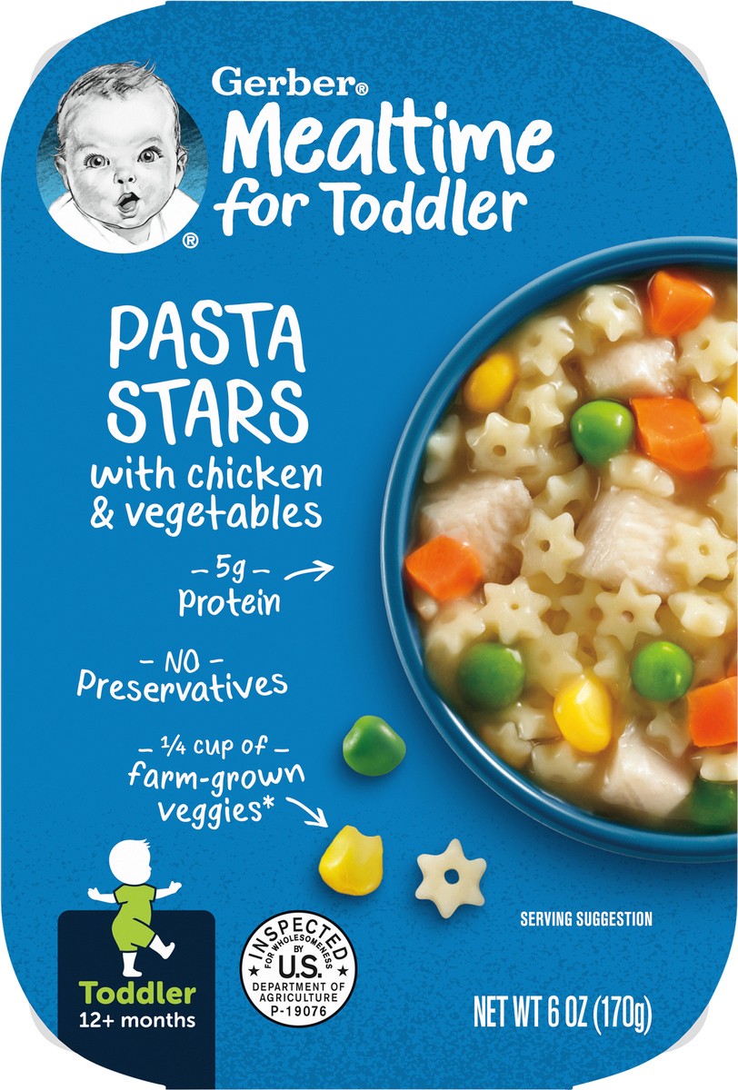 slide 13 of 14, Gerber Mealtime for Toddler, Pasta Stars with Chicken and Vegetables Toddler Food, 6 oz Tray, 6 oz