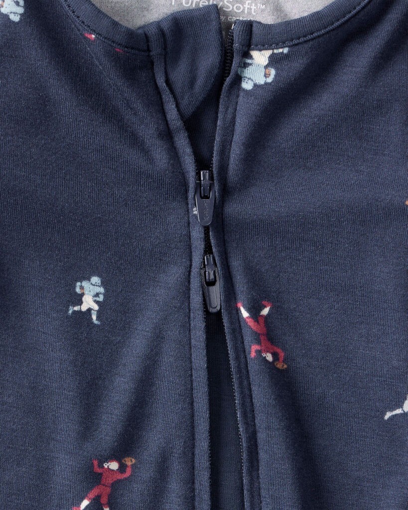 slide 4 of 6, Carter's Baby Boy Football Print PurelySoft Long-Sleeve Sleep & Play Pajamas - Blue Blue 9M, 1 ct