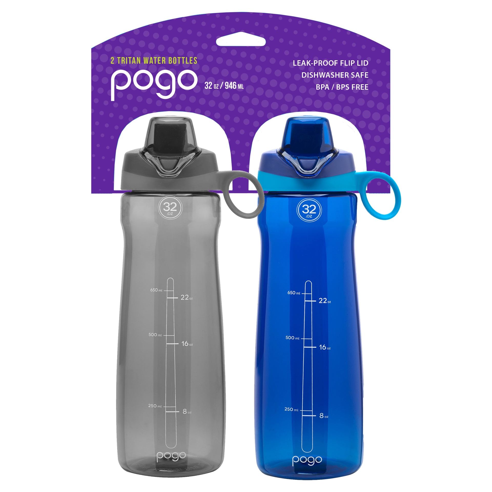 slide 1 of 5, Pogo Tritan Plastic Water Bottle, Chug Lid - Gray/Blue, 2 ct; 32 oz