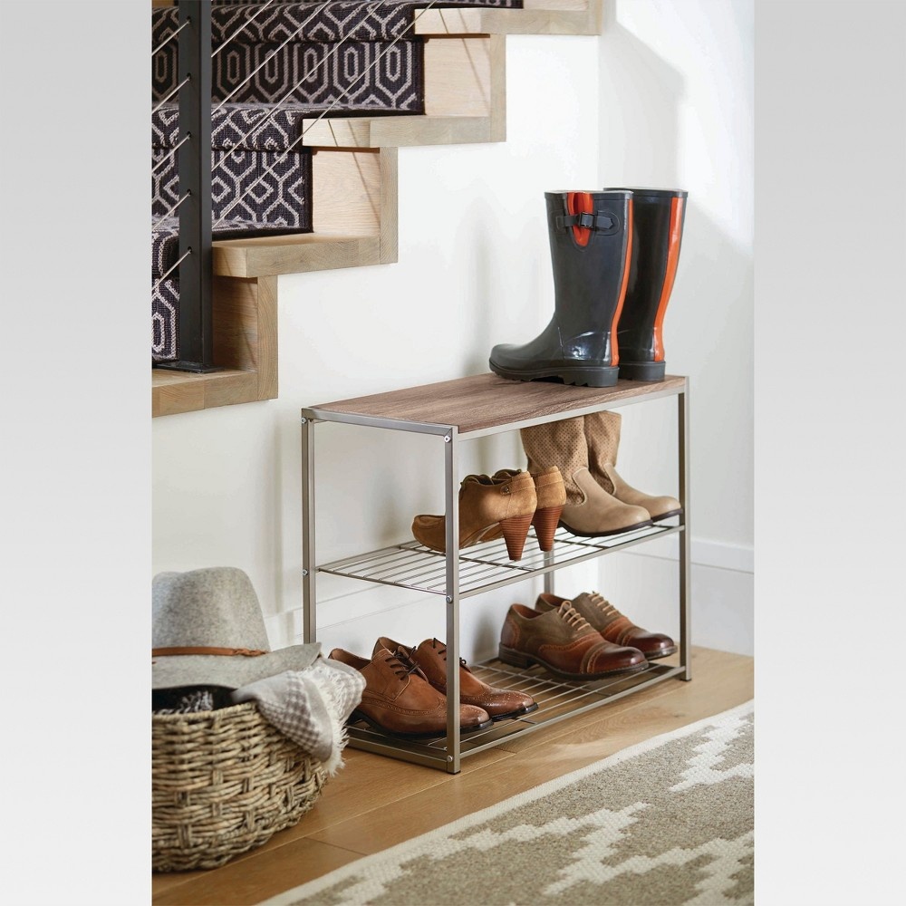 slide 2 of 11, 3 Tier Shoe Rack with Rustic Oak Finish Top Gray Metal - Threshold, 1 ct