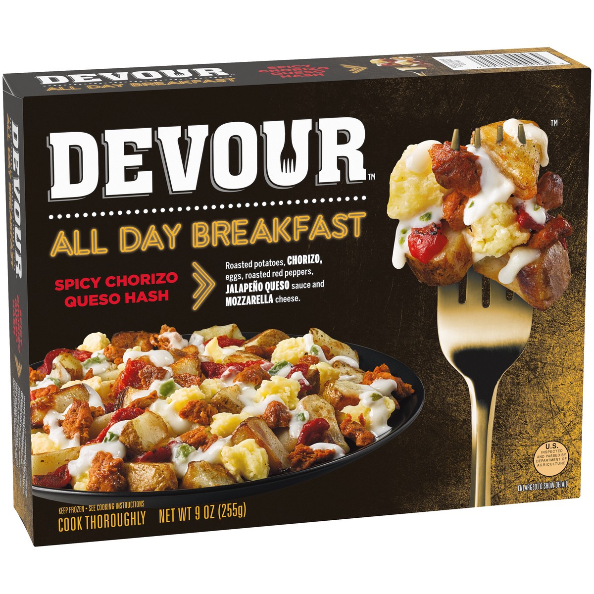 slide 2 of 9, DEVOUR All Day Breakfast Spicy Chorizo Queso Hash with Jalapeno Queso Sauce & Mozzarella Cheese Frozen Meal, 9 oz Box, 0.56 lb