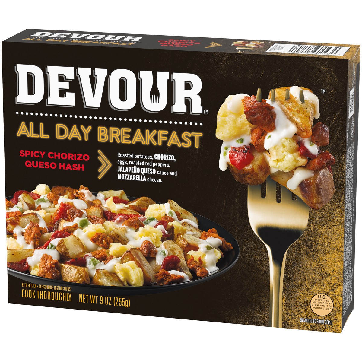 slide 3 of 9, DEVOUR All Day Breakfast Spicy Chorizo Queso Hash with Jalapeno Queso Sauce & Mozzarella Cheese Frozen Meal, 9 oz Box, 0.56 lb