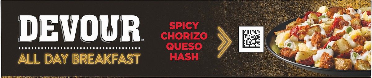 slide 4 of 9, DEVOUR All Day Breakfast Spicy Chorizo Queso Hash with Jalapeno Queso Sauce & Mozzarella Cheese Frozen Meal, 9 oz Box, 0.56 lb