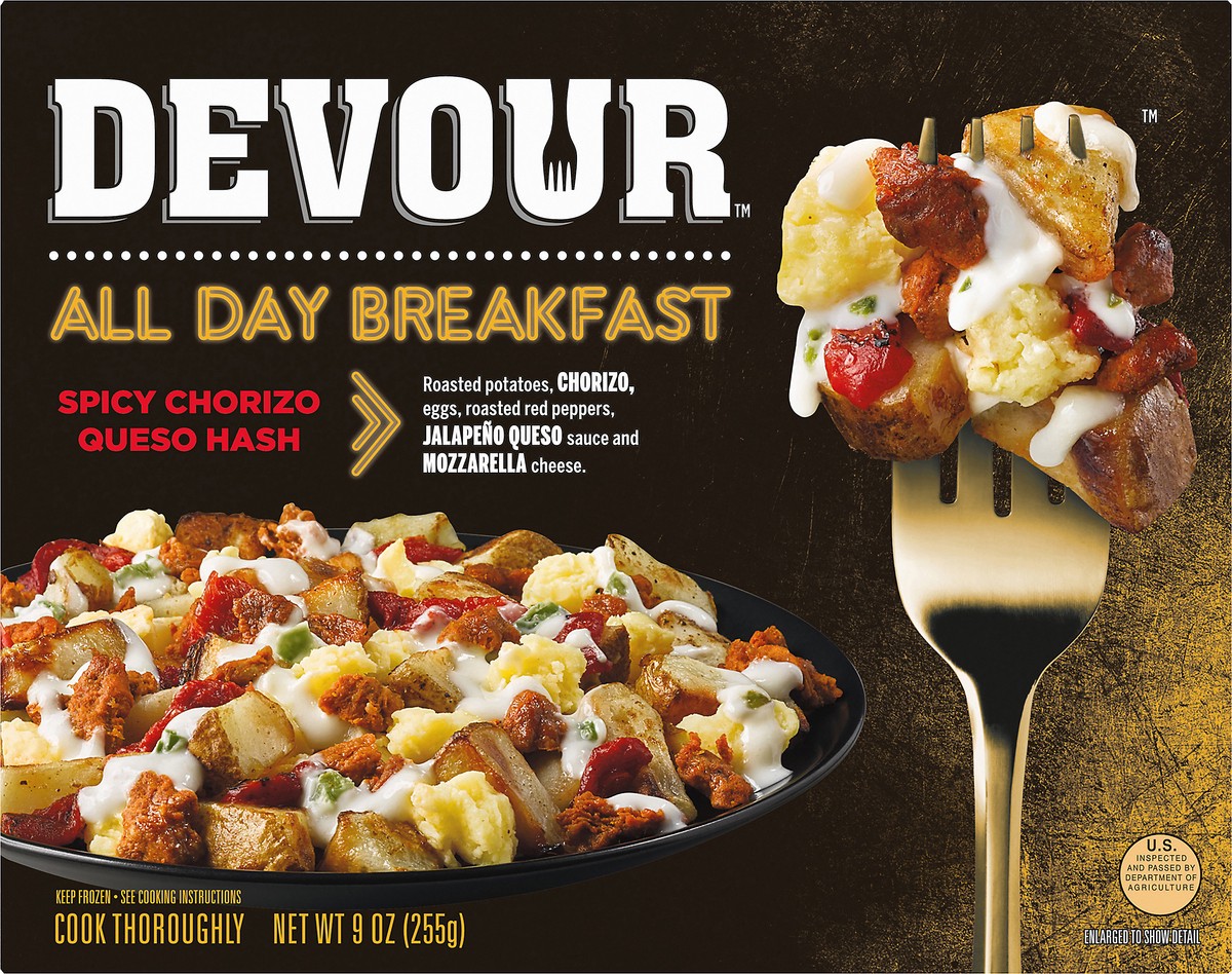 slide 6 of 9, DEVOUR All Day Breakfast Spicy Chorizo Queso Hash with Jalapeno Queso Sauce & Mozzarella Cheese Frozen Meal, 9 oz Box, 0.56 lb