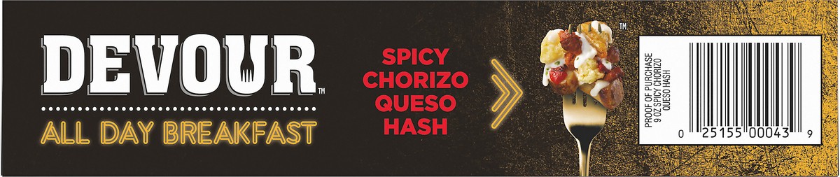 slide 9 of 9, DEVOUR All Day Breakfast Spicy Chorizo Queso Hash with Jalapeno Queso Sauce & Mozzarella Cheese Frozen Meal, 9 oz Box, 0.56 lb