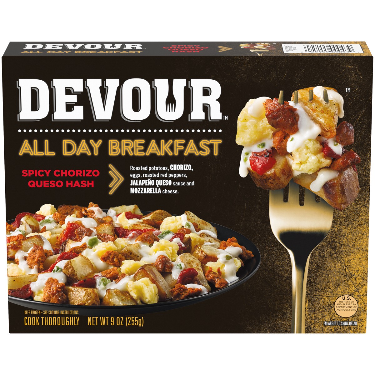 slide 1 of 9, DEVOUR All Day Breakfast Spicy Chorizo Queso Hash with Jalapeno Queso Sauce & Mozzarella Cheese Frozen Meal, 9 oz Box, 0.56 lb