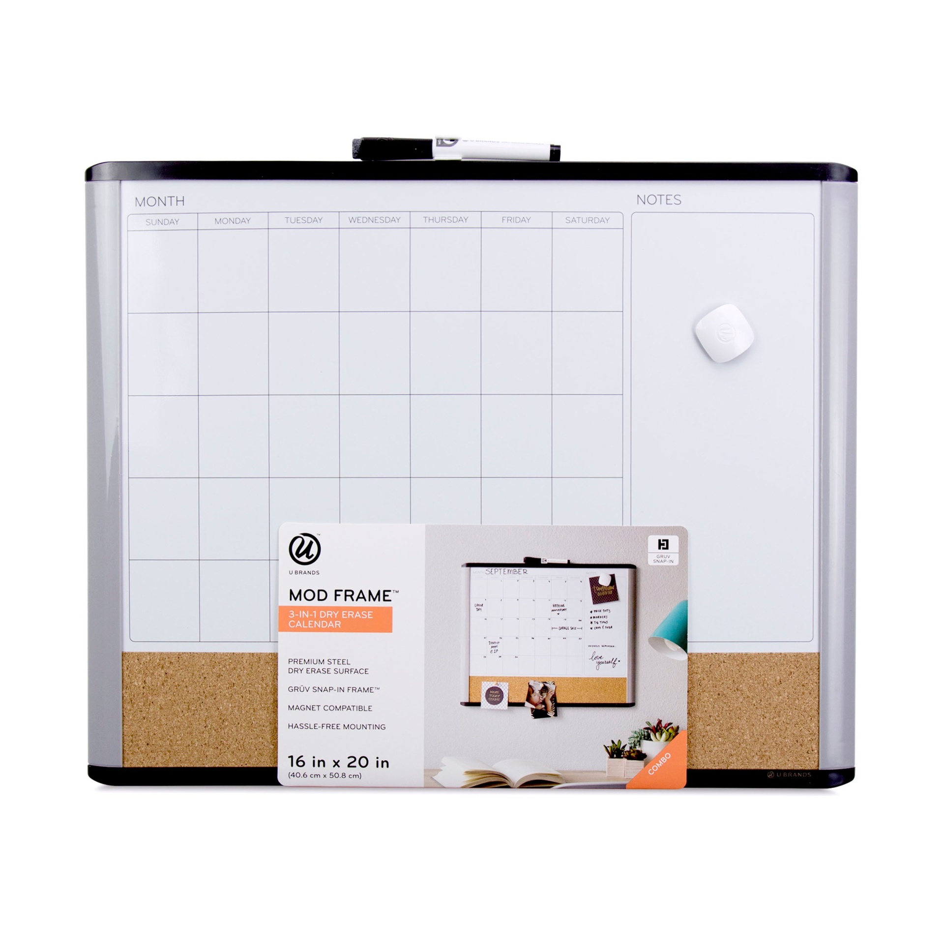 slide 1 of 3, U Brands 16"x20" MOD Frame 3-in-1 Dry Erase Calendar Board, 1 ct