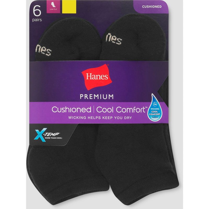 slide 2 of 2, Hanes Premium 6pk Women's Cushioned Low Cut Socks - Black 8-12, 6 ct