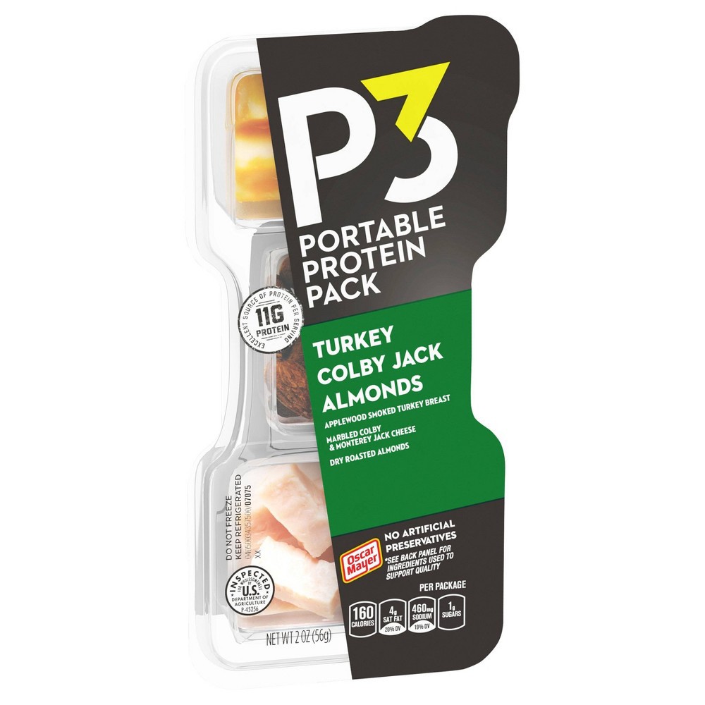 slide 5 of 5, P3 Portable Protein Snack Pack with Turkey, Almonds & Colby Jack Cheese Tray, 2 oz