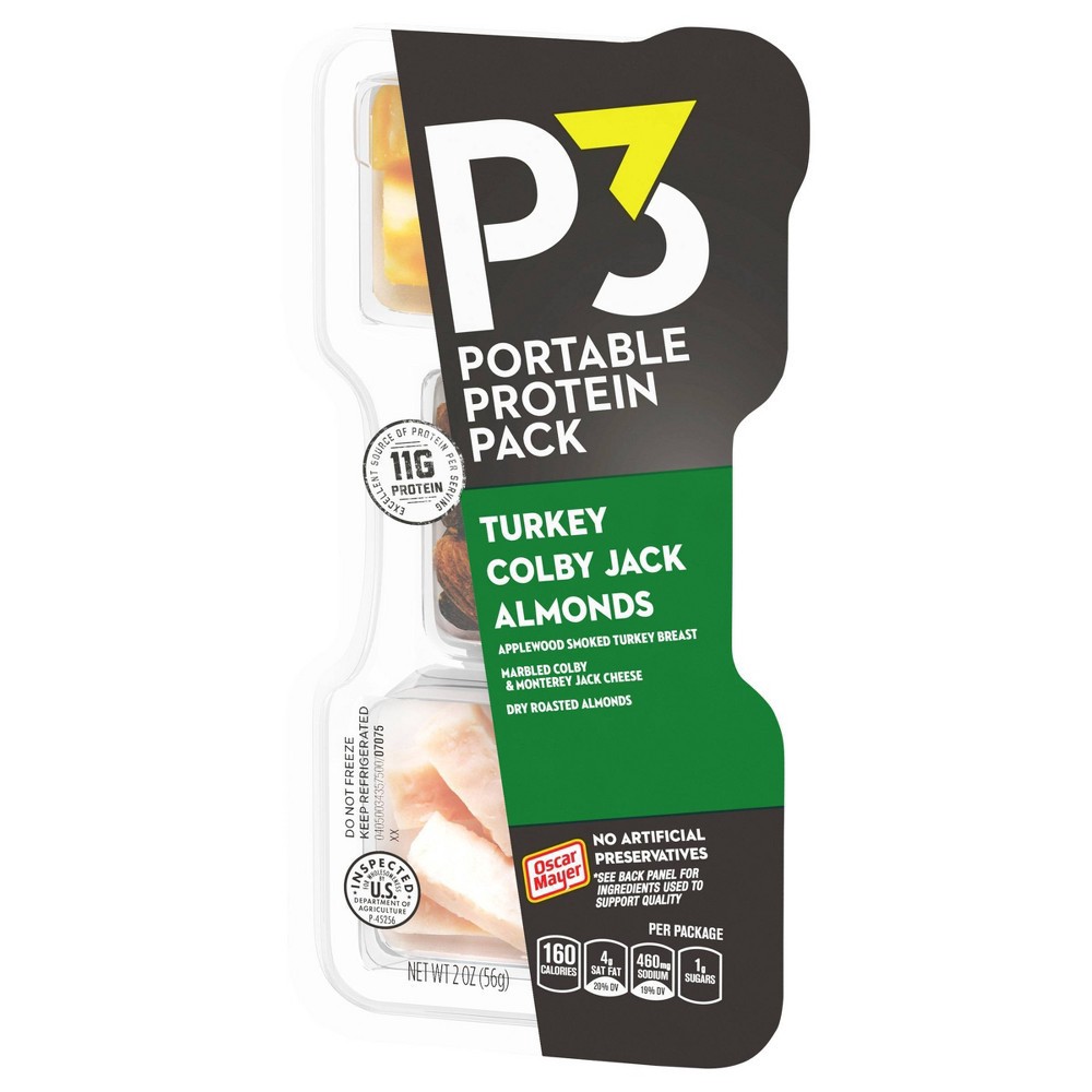 slide 4 of 5, P3 Portable Protein Snack Pack with Turkey, Almonds & Colby Jack Cheese Tray, 2 oz