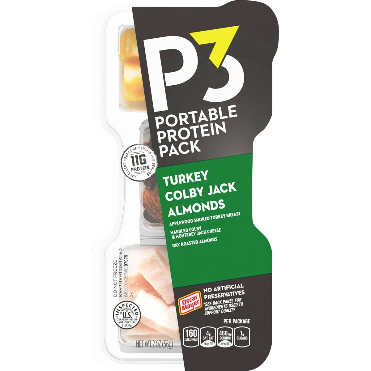 slide 2 of 14, P3 Portable Protein Snack Pack with Turkey, Almonds & Colby Jack Cheese Tray, 2 oz