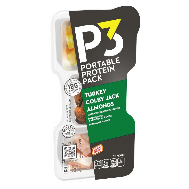 slide 9 of 10, P3 Portable Protein Pack P3 Portable Protein Snack Pack with Turkey, Almonds & Colby Jack Cheese - 2oz, 2 oz