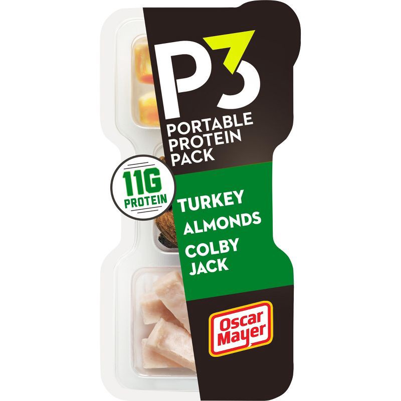 slide 1 of 10, P3 Portable Protein Pack P3 Portable Protein Snack Pack with Turkey, Almonds & Colby Jack Cheese - 2oz, 2 oz