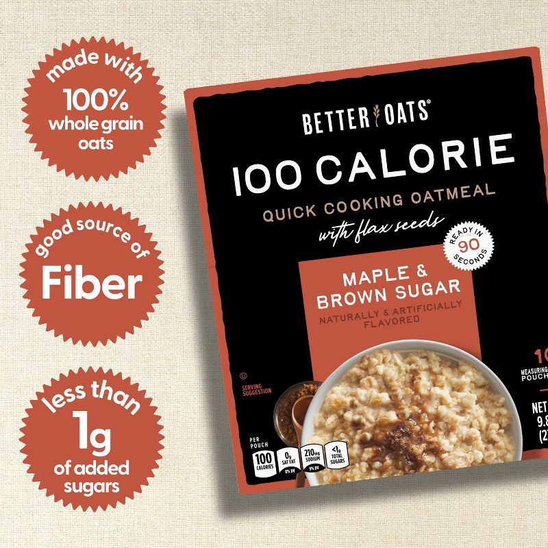 slide 3 of 9, Better Oats 100 Calories Maple & Brown Sugar Whole Grain Instant Oatmeal with Flax - 10ct, 10 ct