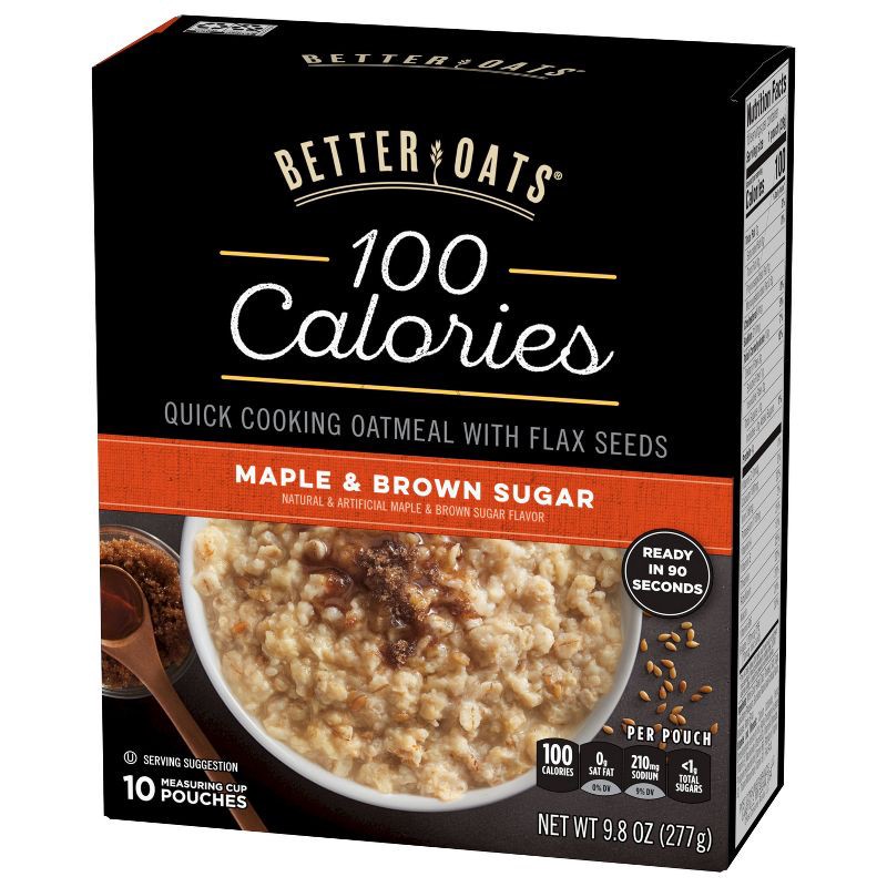 slide 9 of 11, Better Oats 100 Calories Maple & Brown Sugar Whole Grain Instant Oatmeal with Flax - 10ct, 10 ct