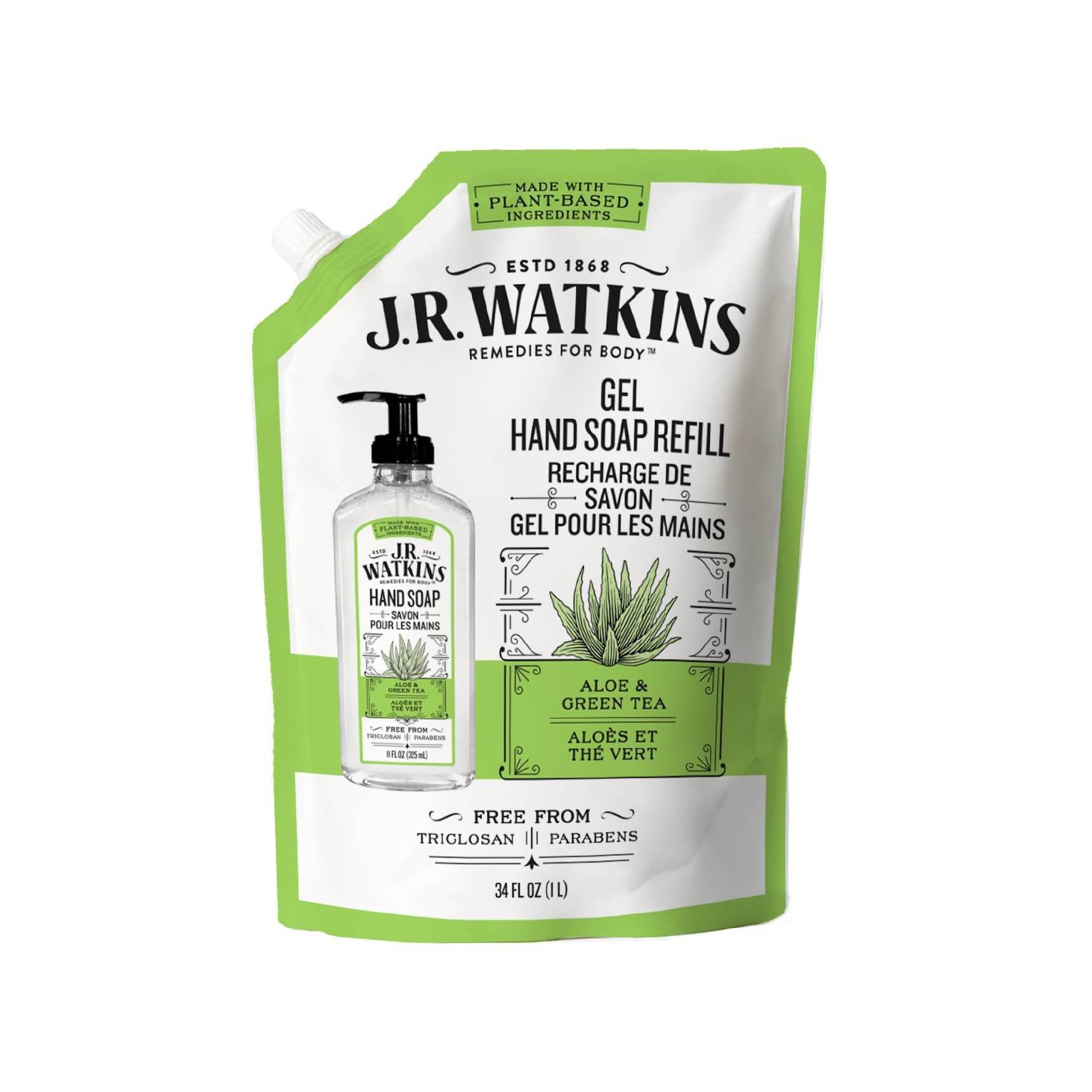 slide 1 of 3, J.R. Watkins Aloe & Green Tea Gel Hand Soap Refill, 34 fl oz