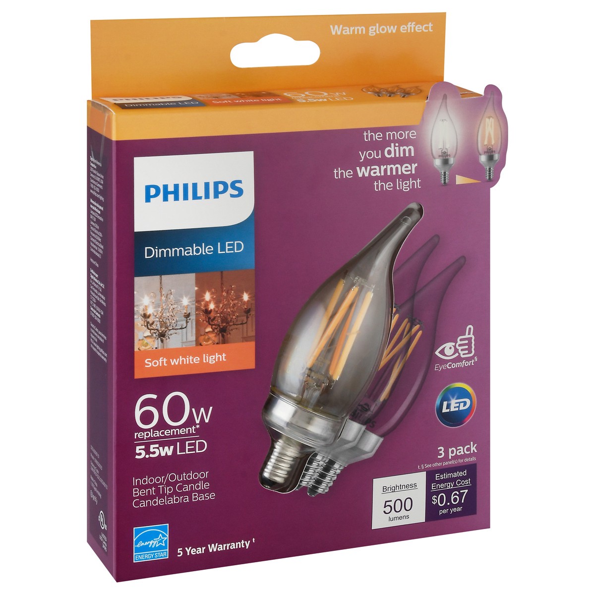 slide 6 of 9, Philips 3 Pack Dimmable LED 5.5 Watts Soft White Light Light Bulbs 3 ea, 3 ct