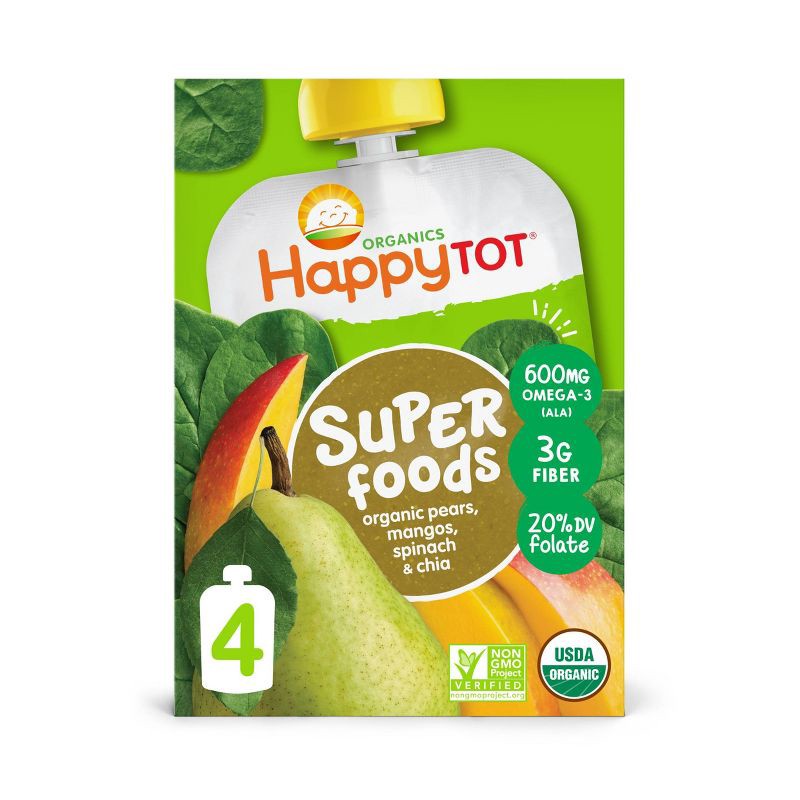 slide 1 of 5, Happy Family HappyTot Super Foods 4pk Organic Pears Mangos & Spinach with Super Chia - 16.88oz, 4 ct, 16.88 oz