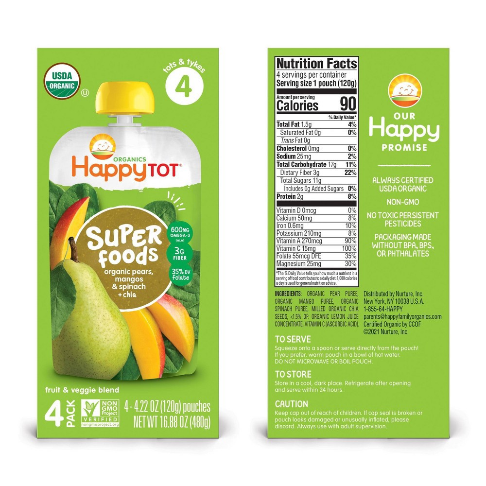 slide 2 of 5, HappyBaby 4pk Organic Pears Mangos & Spinach Baby Food Pouch - 16oz, 4 ct; 16 oz