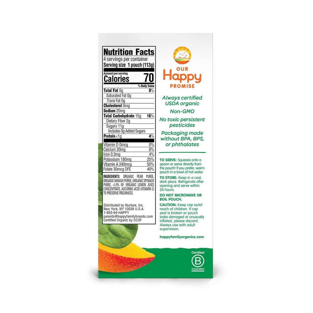 slide 5 of 5, HappyBaby 4pk Organic Pears Mangos & Spinach Baby Food Pouch - 16oz, 4 ct; 16 oz