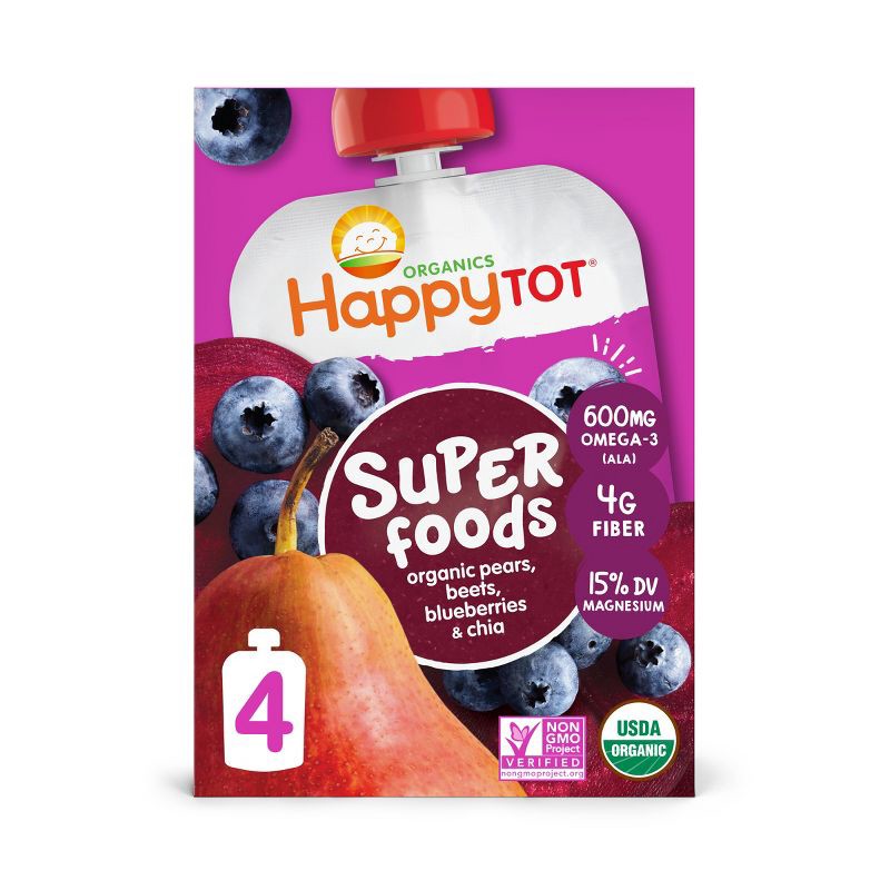 slide 1 of 4, Happy Family HappyTot Super Foods 4pk Organic Pears Beets Blueberries with Super Chia Baby Food Pouches - 4pk/16.88oz, 4 ct, 4 ct, 16.88 oz