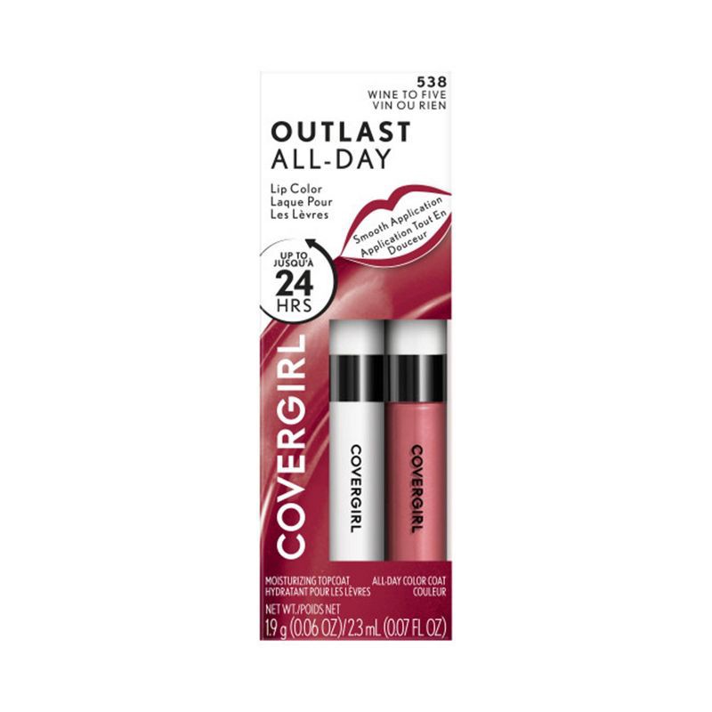 slide 1 of 8, COVERGIRL Outlast All-Day Lip Color with Topcoat - Wine To Five 538 - 0.13oz, 538 -  0.13 oz