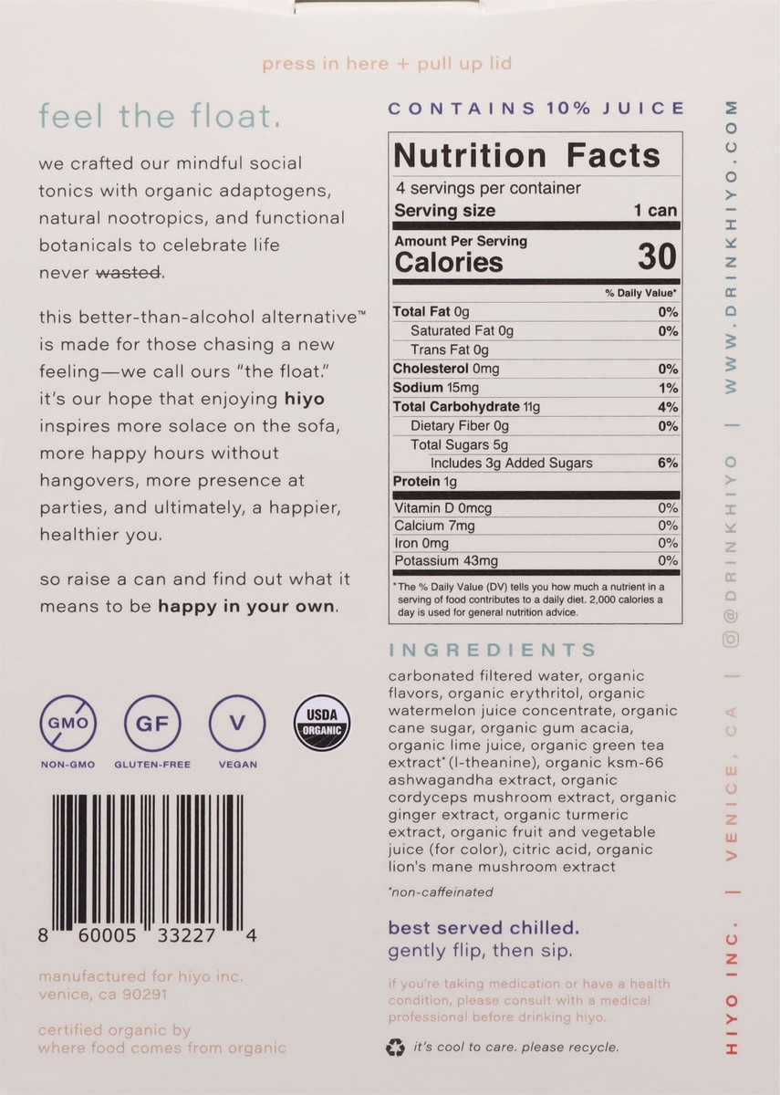 slide 8 of 13, Hiyo Organic Watermelon Lime Functional Seltzer 4 - 12 fl oz Cans, 4 ct