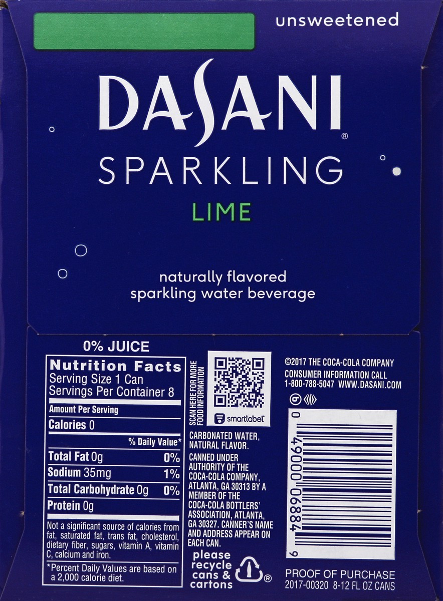 slide 2 of 6, DASANI Sparkling Water Lime Zero Calories, 12 fl oz, 8 Pack, 8 ct; 12 fl oz