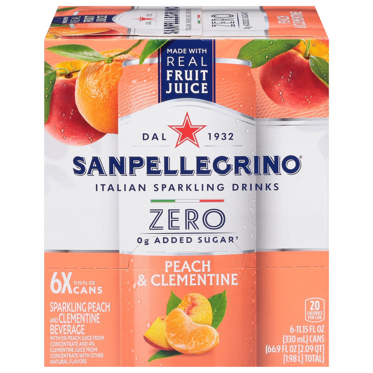 slide 8 of 17, San Pellegrino Zero Grams Added Sugar Italian Sparkling Drinks, Sparkling Peach & Clementine Beverage, 6 Pack of 11.15 Fl Oz Cans, 6 ct; 11.15 fl oz