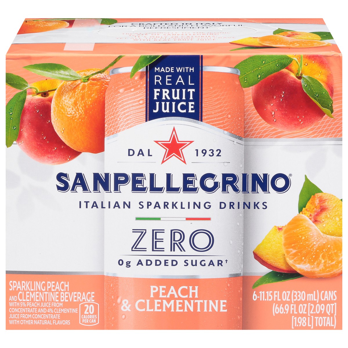 slide 9 of 17, San Pellegrino Zero Grams Added Sugar Italian Sparkling Drinks, Sparkling Peach & Clementine Beverage, 6 Pack of 11.15 Fl Oz Cans, 6 ct; 11.15 fl oz