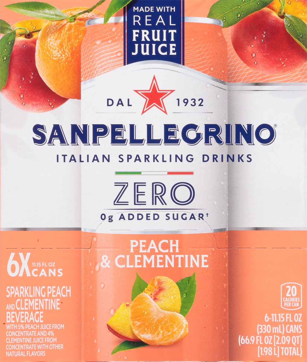slide 4 of 17, San Pellegrino Zero Grams Added Sugar Italian Sparkling Drinks, Sparkling Peach & Clementine Beverage, 6 Pack of 11.15 Fl Oz Cans, 6 ct; 11.15 fl oz