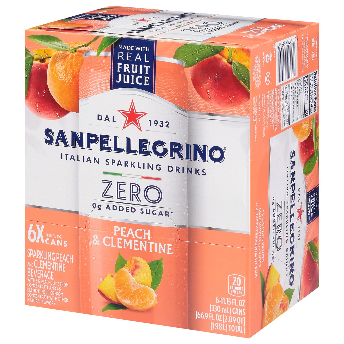 slide 13 of 17, San Pellegrino Zero Grams Added Sugar Italian Sparkling Drinks, Sparkling Peach & Clementine Beverage, 6 Pack of 11.15 Fl Oz Cans, 6 ct; 11.15 fl oz